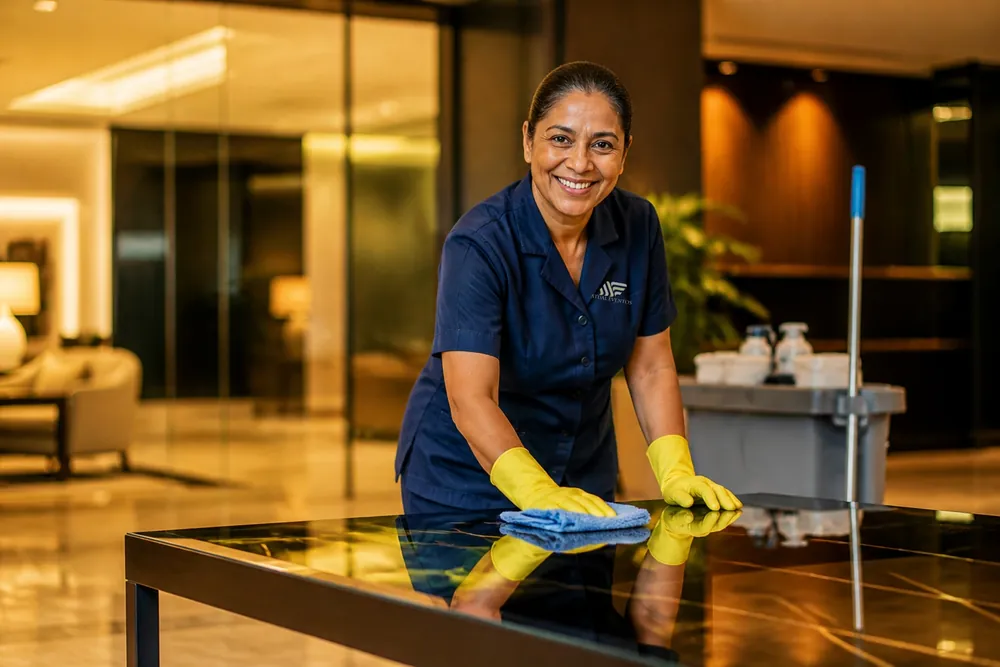 Auxiliar de serviços gerais sorrindo, de uniforme azul-marinho e luvas amarelas, limpando uma mesa de vidro em um saguão de escritório