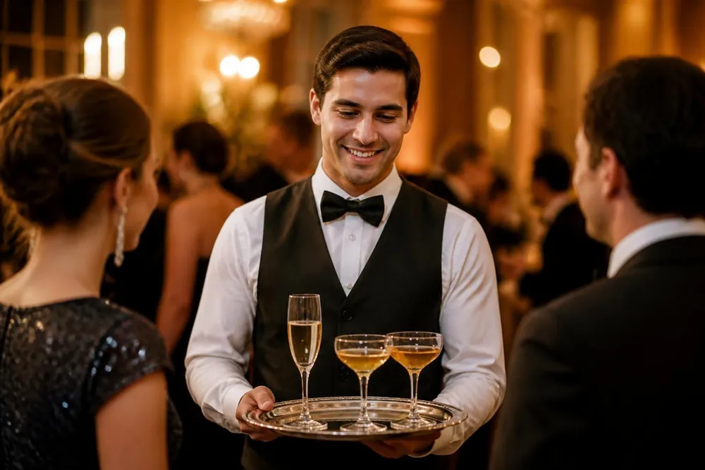 Garçom sorridente, de colete e gravata-borboleta, servindo taças de espumante em uma bandeja de prata em um evento