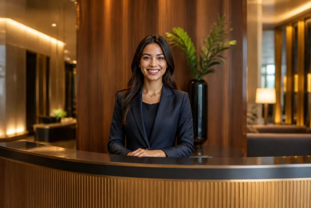 Recepcionista sorrindo, de blazer escuro, atrás do balcão de um saguão elegante com painéis de madeira