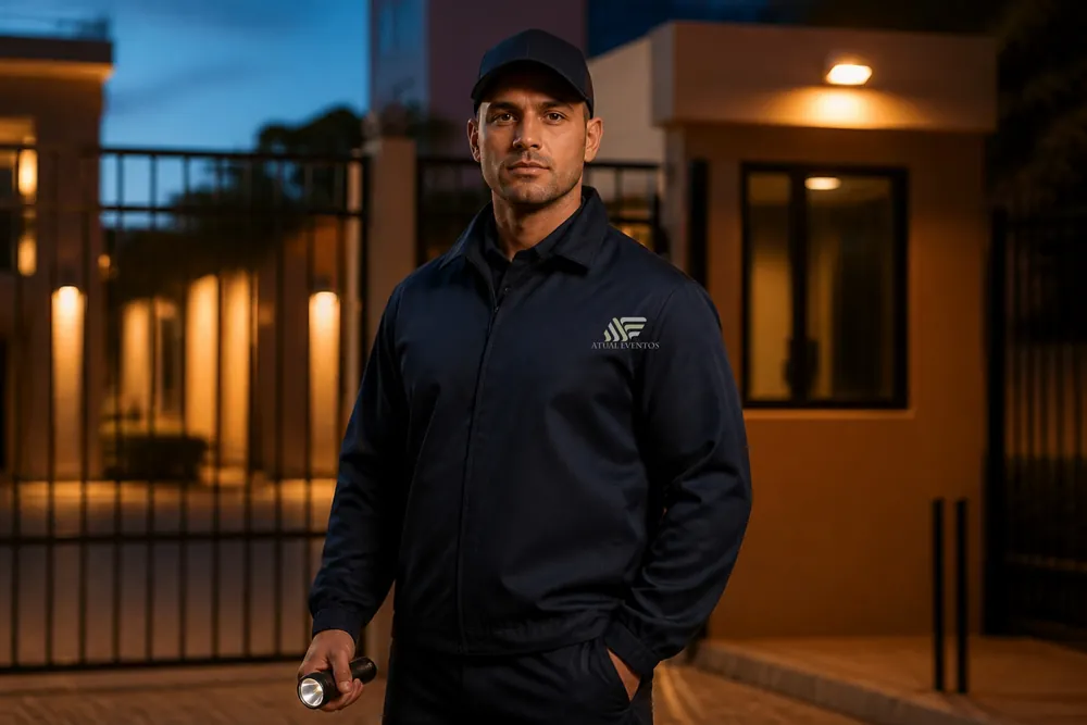 Vigia de uniforme azul-marinho e boné, com uma lanterna na mão, no portão iluminado de um condomínio à noite